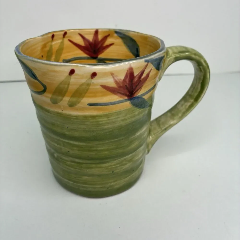 Pier 1 Elizabeth Hand Painted Stoneware Floral Green Blue Red Mugs Set Of 3